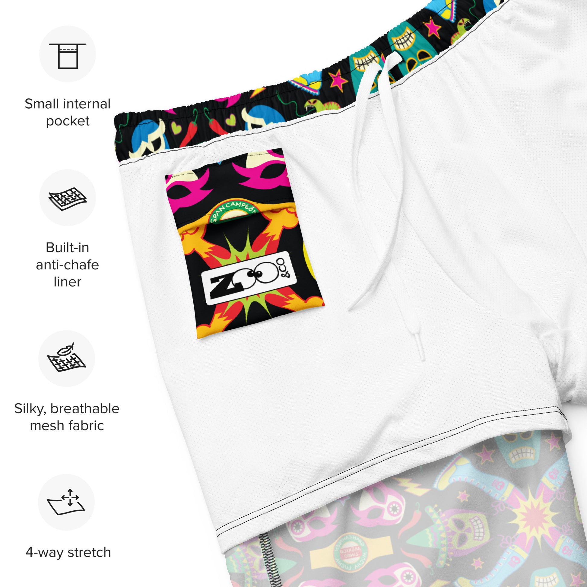 Mexican wrestling colorful party Men's swim trunks. Product specification. Interior pocket details