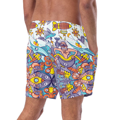 Ready for adventure this summer? Men's swim trunks. Back view