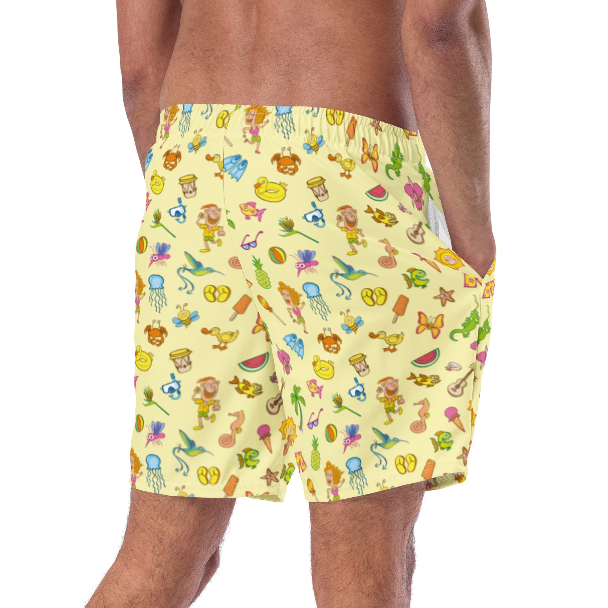 Enjoy happy summer pattern design Men's swim trunks. Right back view