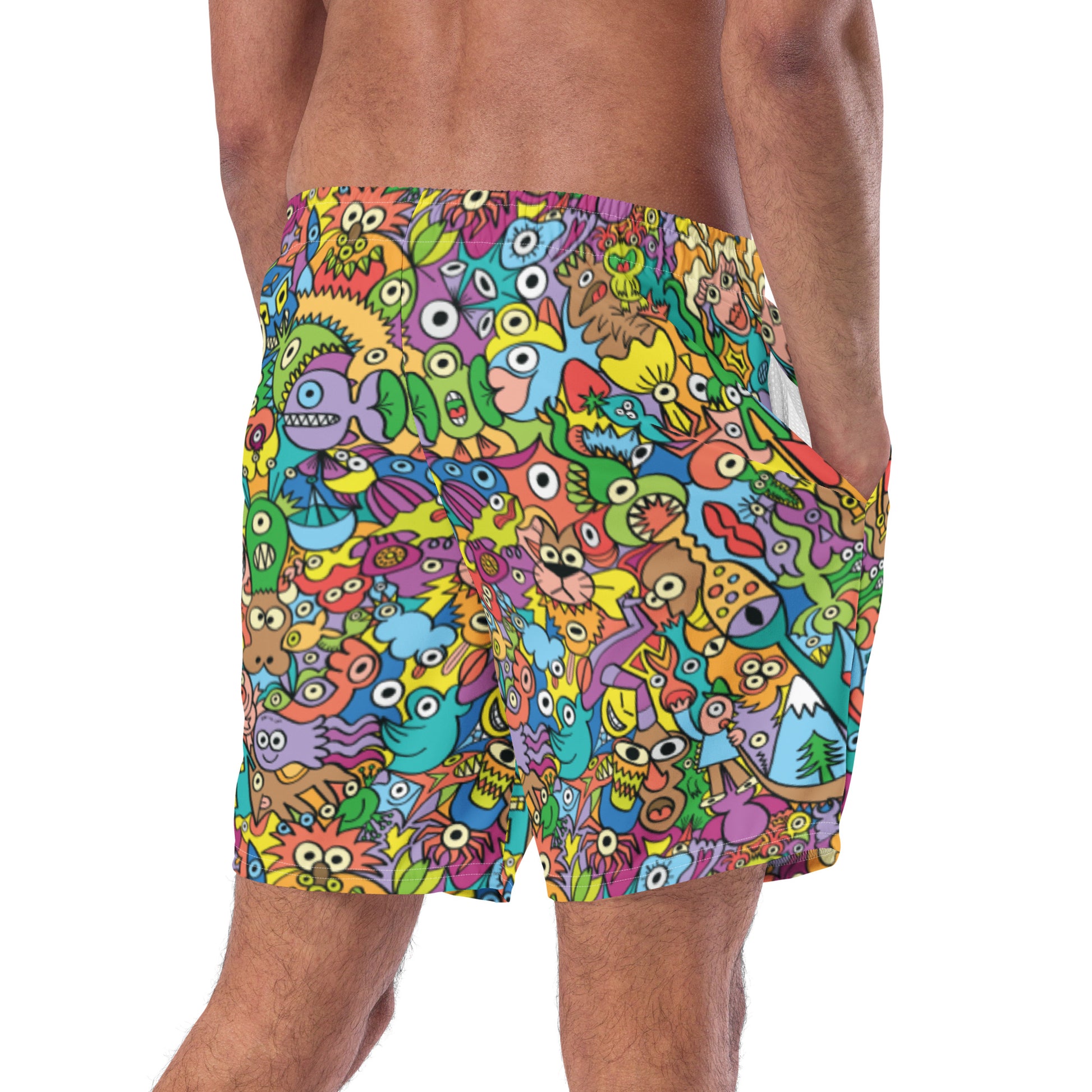 Cheerful crowd enjoying a lively carnival Men's swim trunks. Right back view