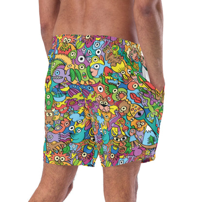 Cheerful crowd enjoying a lively carnival Men's swim trunks. Right back view