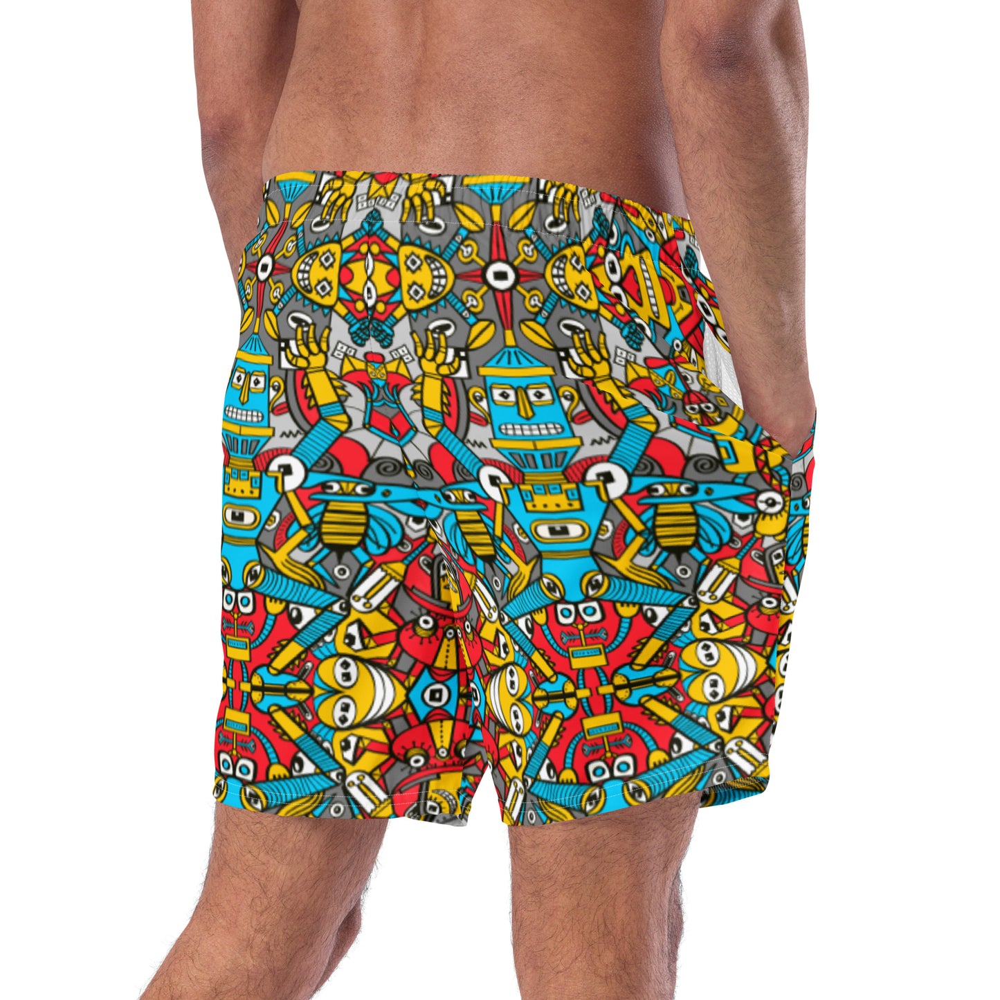 Crazy robots rising from dust in lively backyards Men's swim trunks. Overview