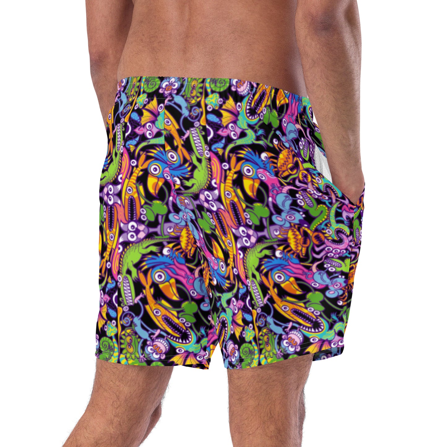 Eccentric critters in a lively crazy festival Men's swim trunks. Back view