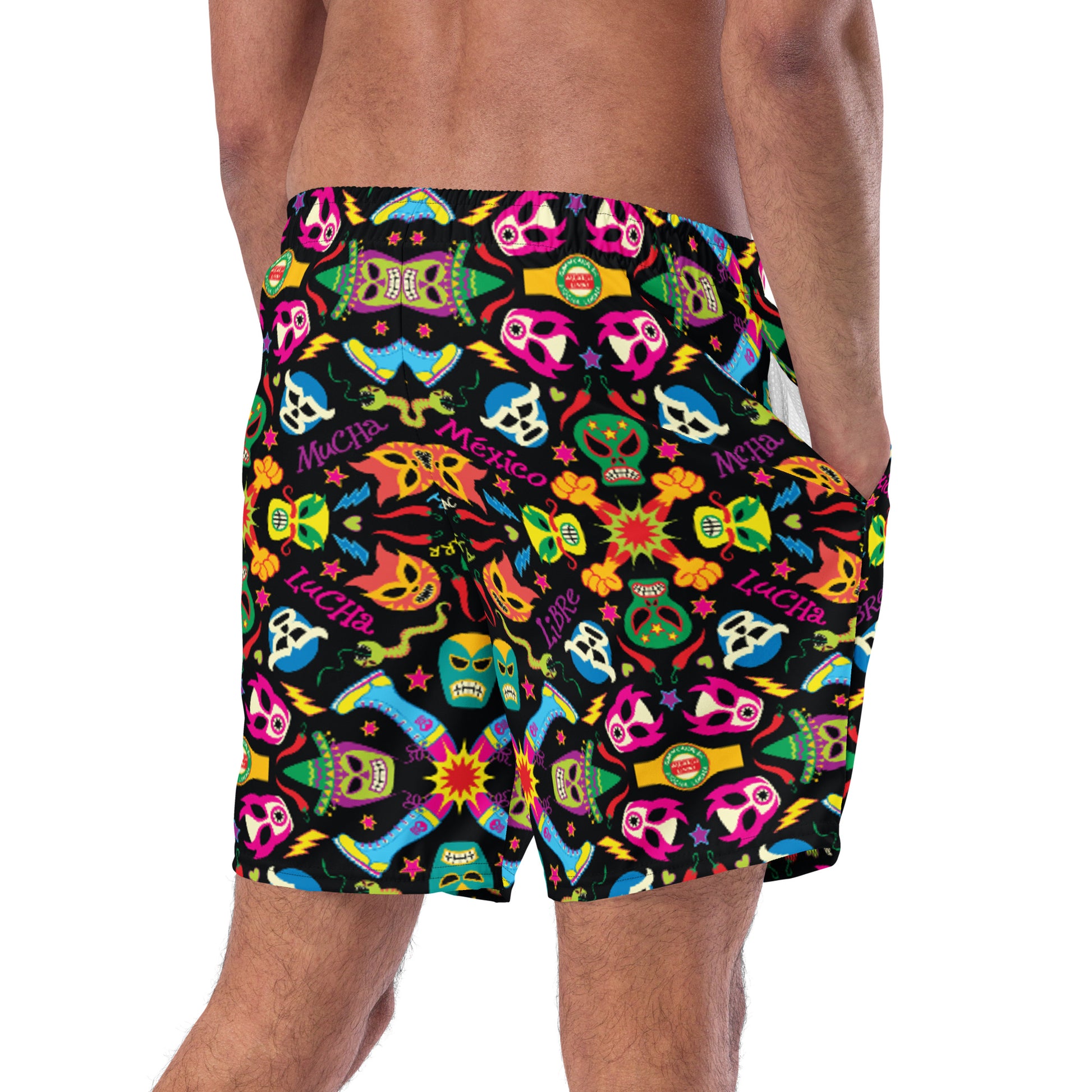 Mexican wrestling colorful party Men's swim trunks. Right back view