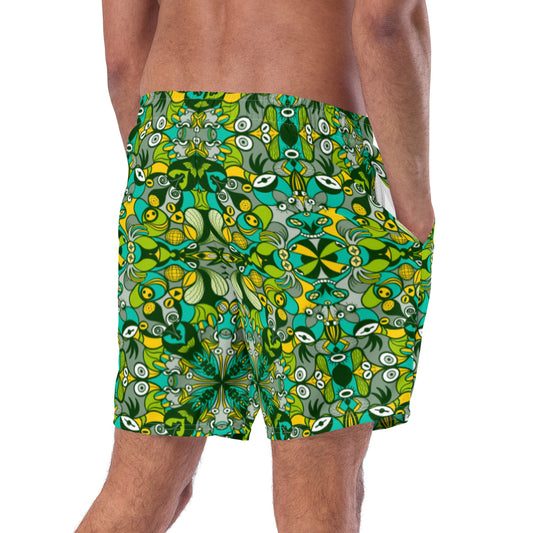 Join the funniest alien doodling network in the universe Men's swim trunks. Right back view