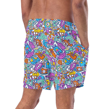 Funny multicolor doodle world Men's swim trunks. Right back view