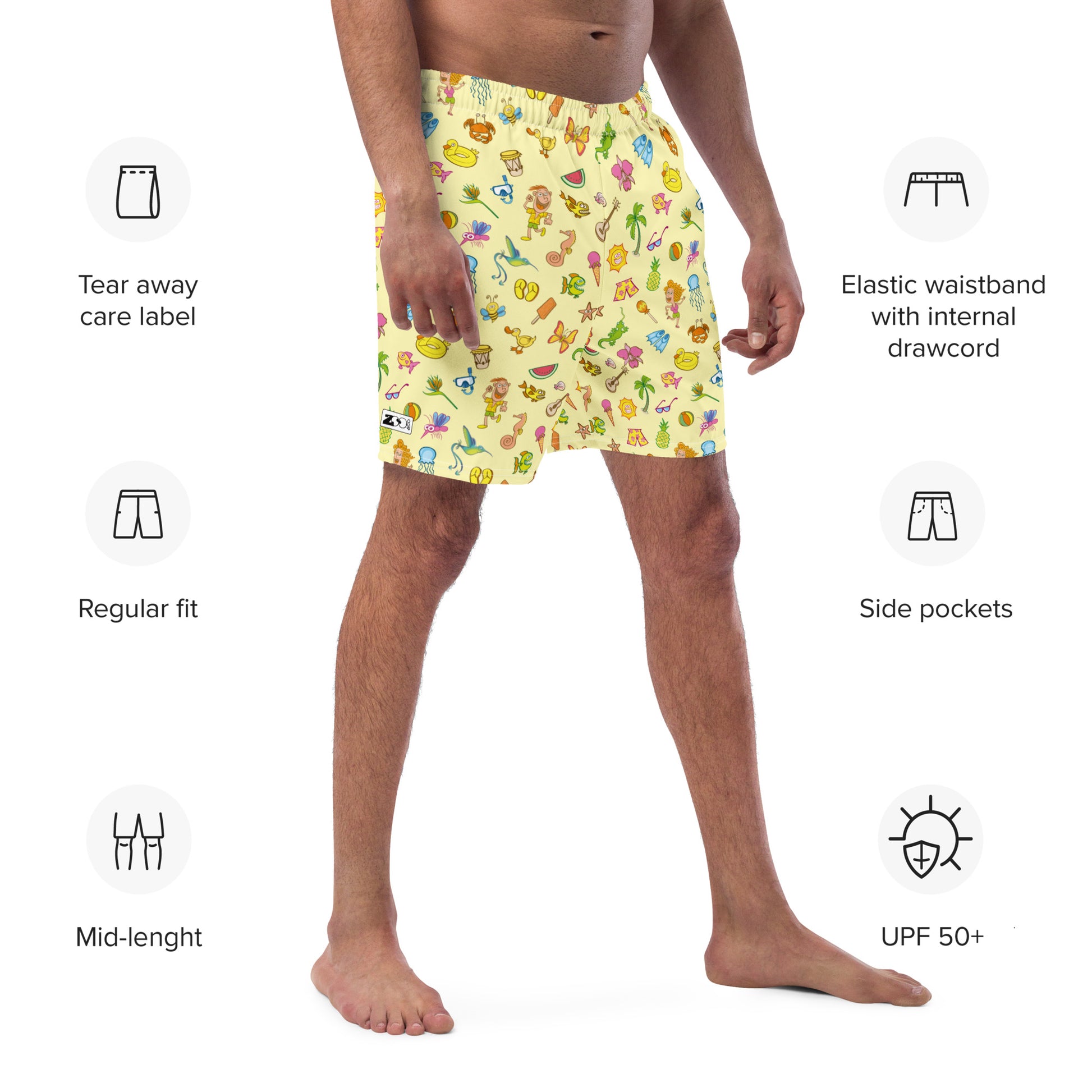 Enjoy happy summer pattern design Men's swim trunks. Specifications