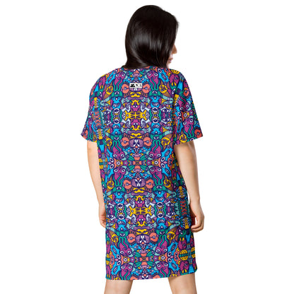 Whimsical design featuring multicolor critters from another world T-shirt dress. Back view