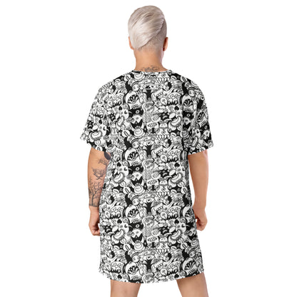 Black and white cool doodles art All-over print T-shirt dress. Back view