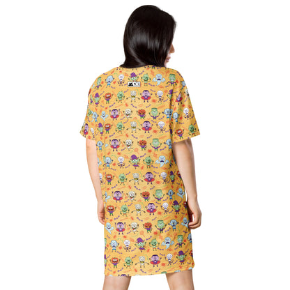 Halloween characters making funny faces T-shirt dress. Back view