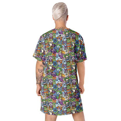 All the spooky Halloween monsters in a pattern design T-shirt dress. Back view