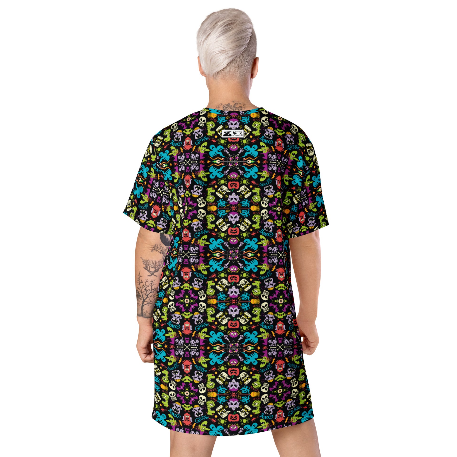 Spooky Halloween characters in a pattern design T-shirt dress. Back view