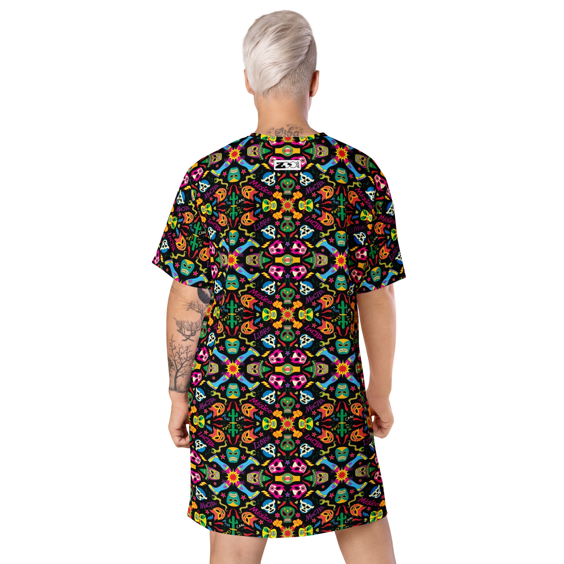 Mexican wrestling colorful party T-shirt dress. Back view