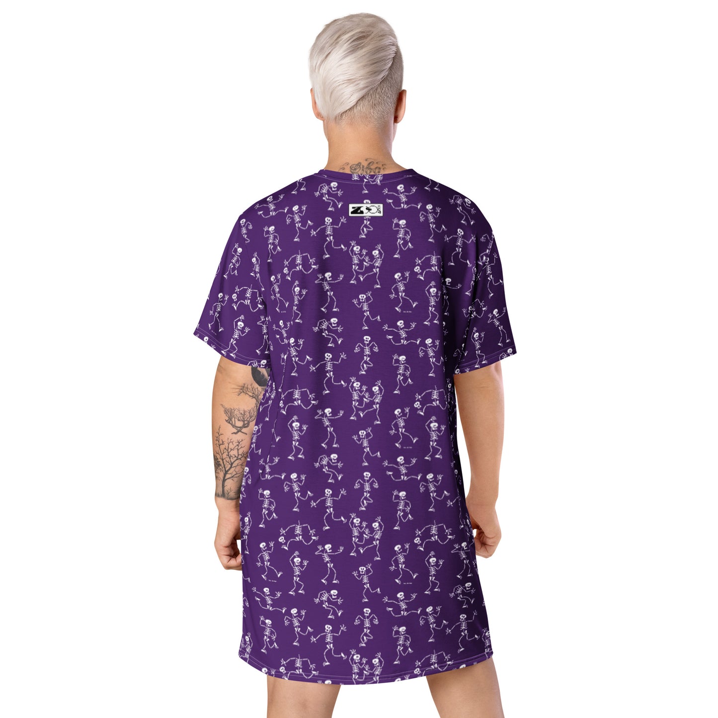 Fantastic skeletons having a great time on Halloween T-shirt dress. Back view