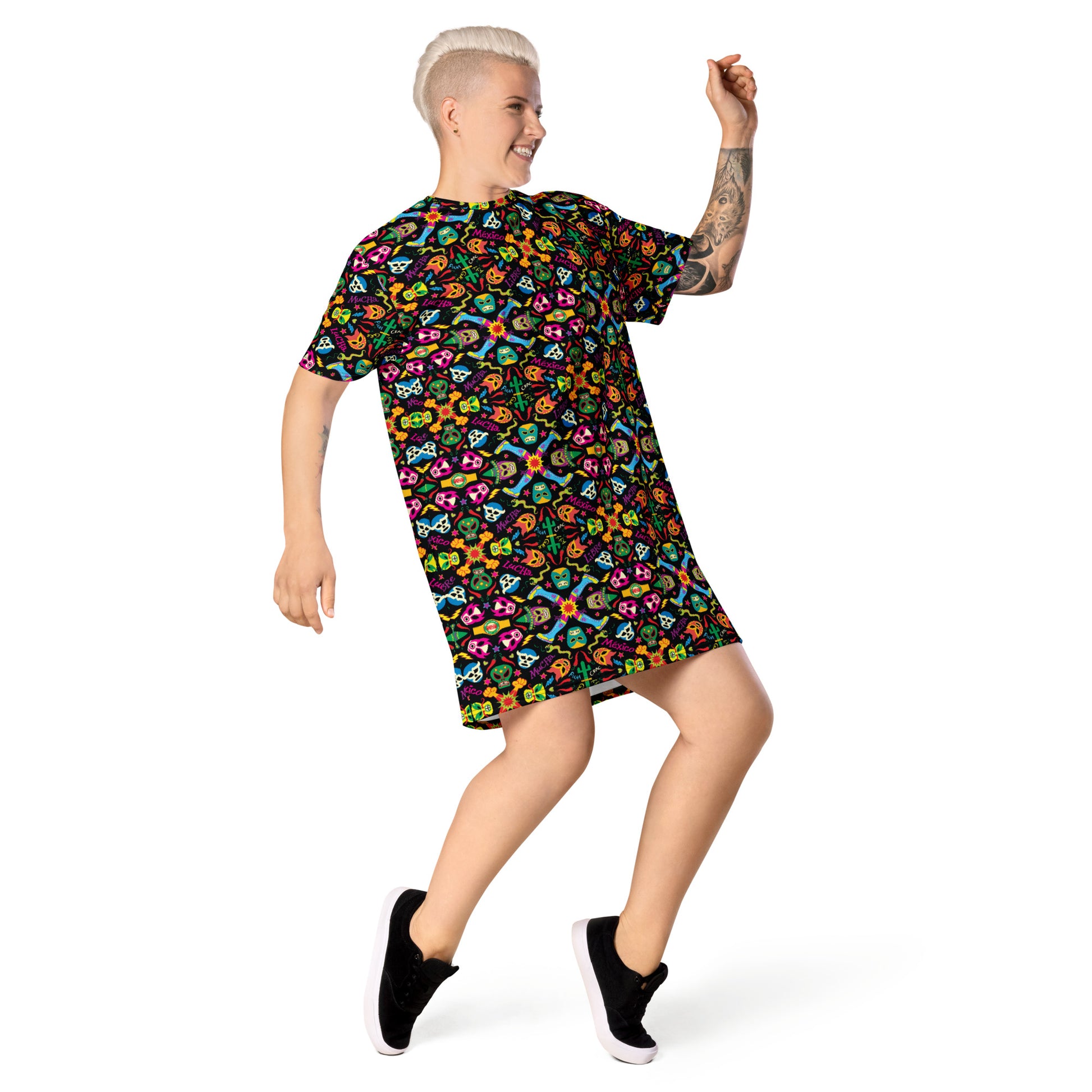 Mexican wrestling colorful party T-shirt dress. Lifestyle