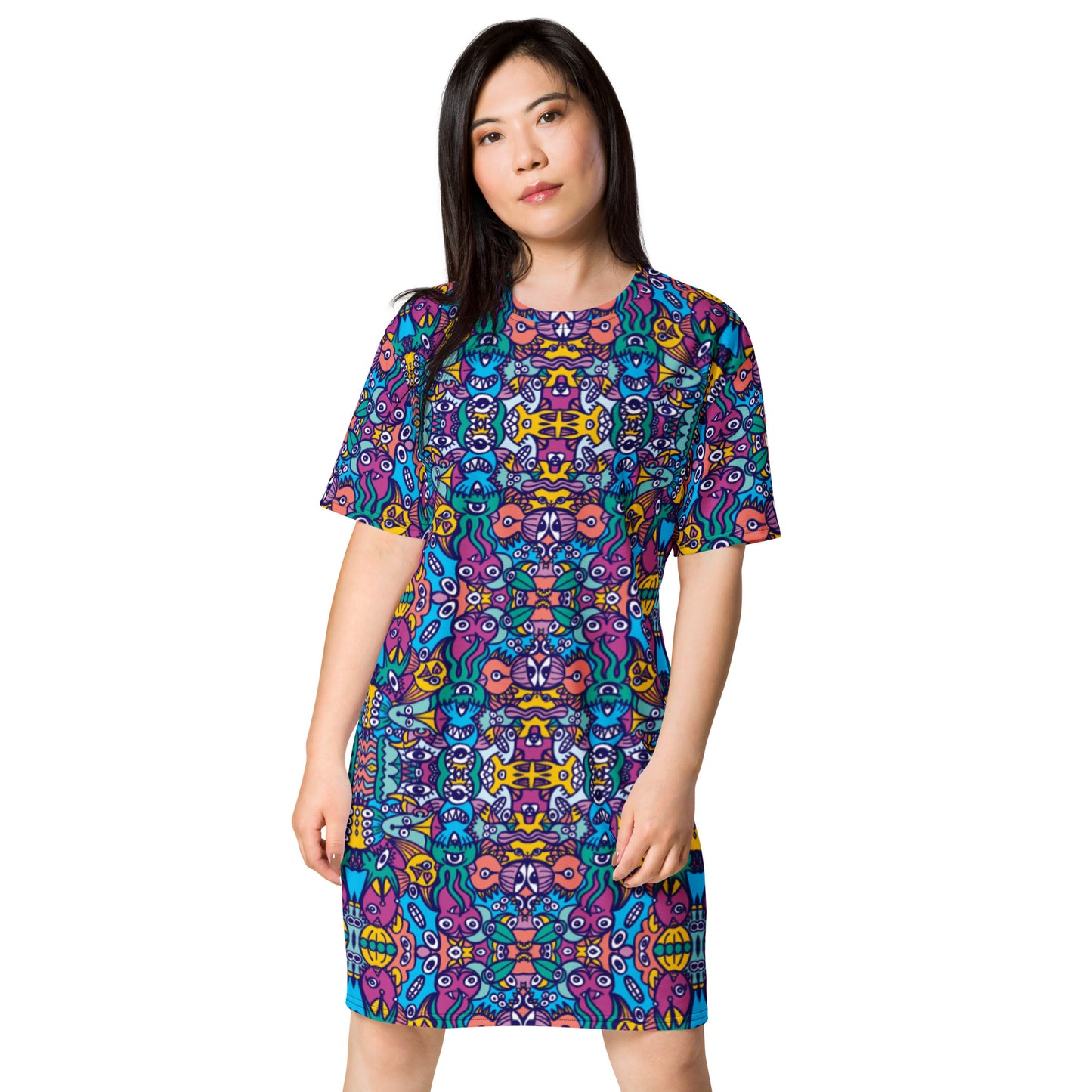 Whimsical design featuring multicolor critters from another world T-shirt dress. Front view