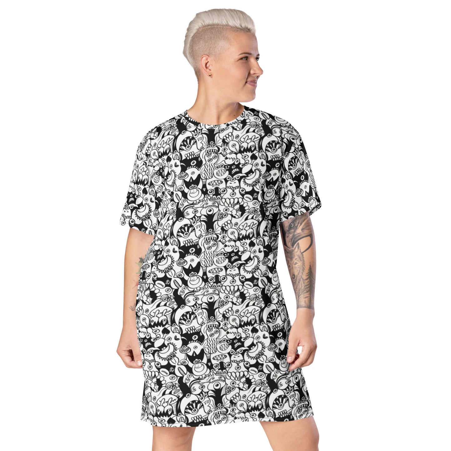 Black and white cool doodles art All-over print T-shirt dress. Front view