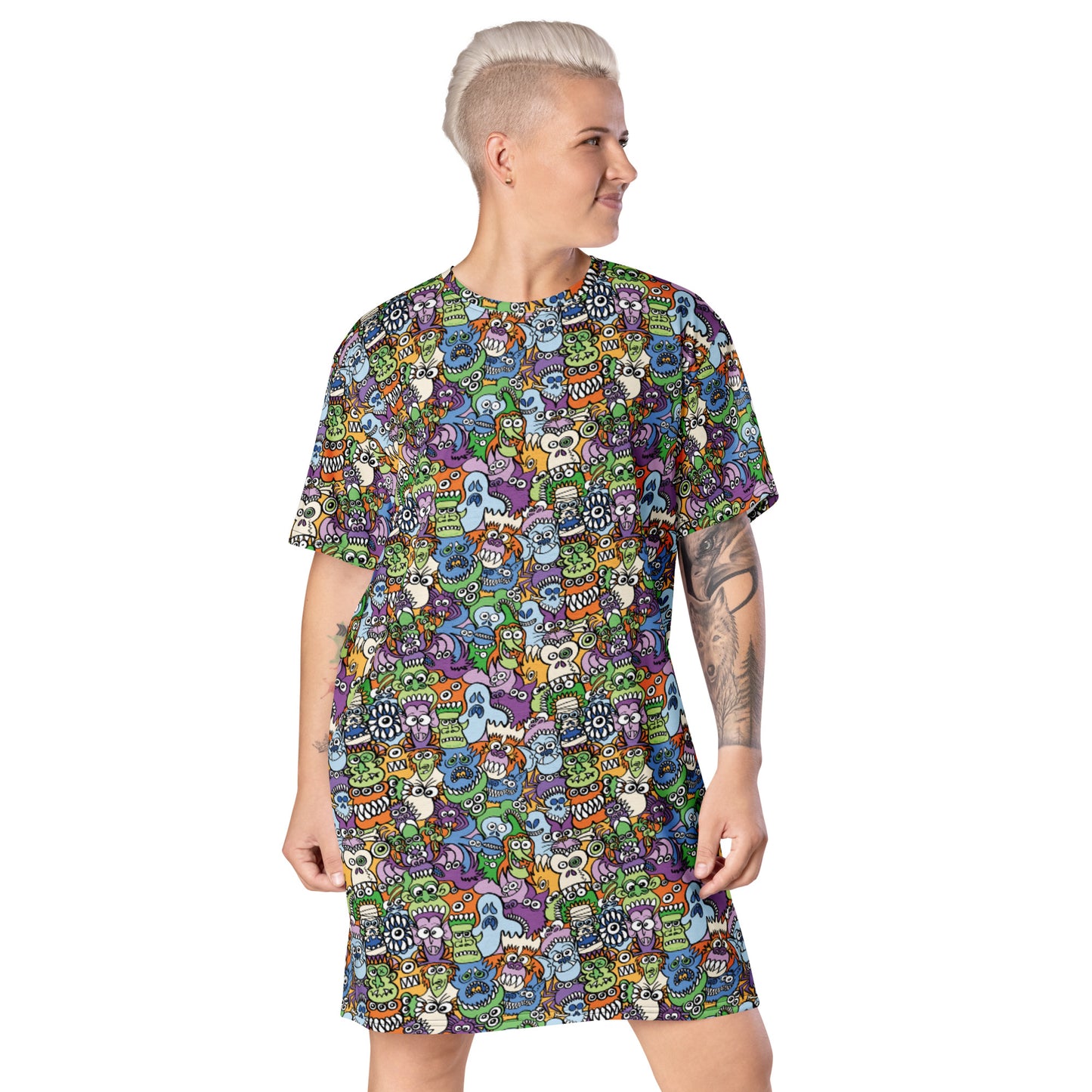 All the spooky Halloween monsters in a pattern design T-shirt dress. Front view