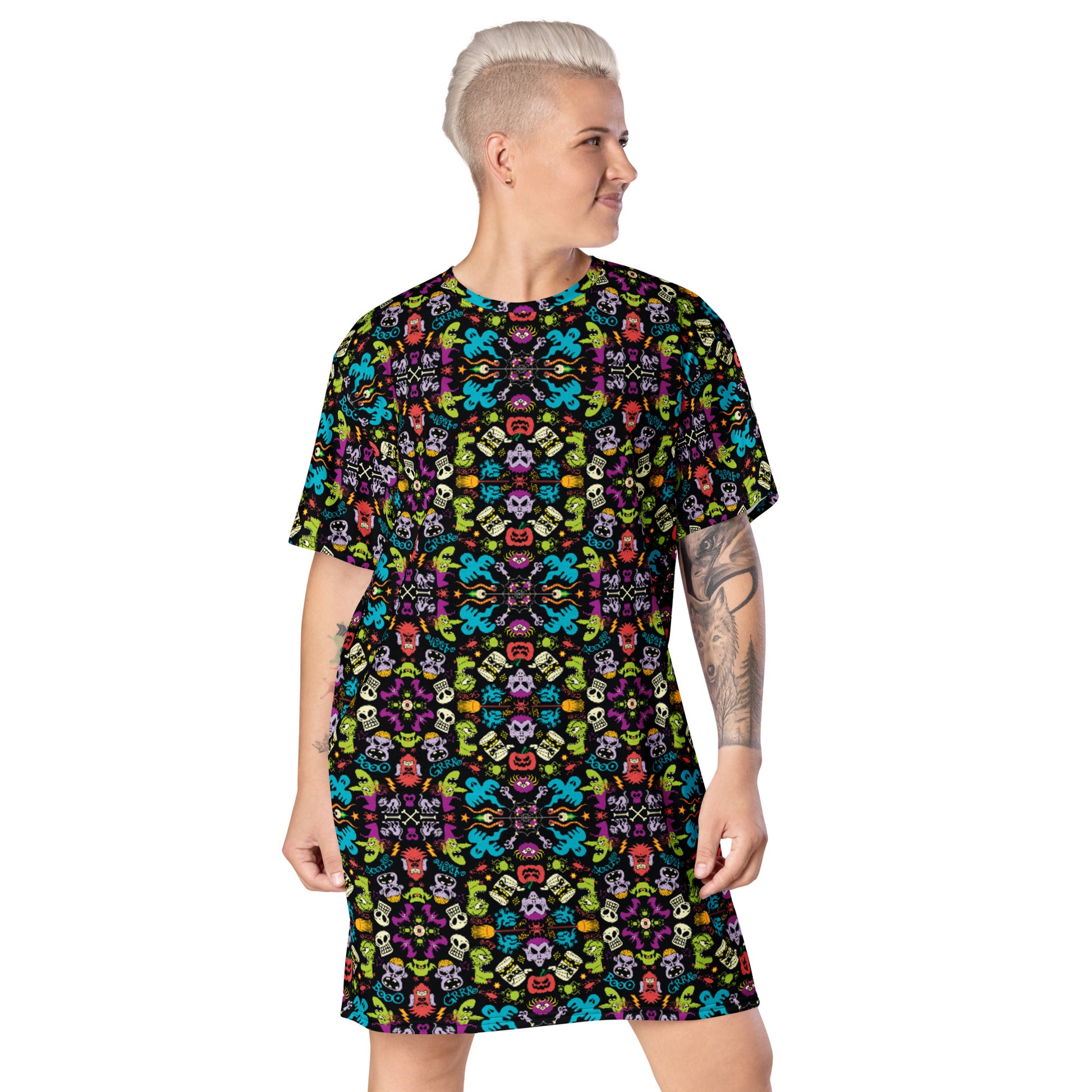 Spooky Halloween characters in a pattern design T-shirt dress. Front view