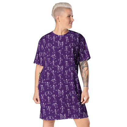 Fantastic skeletons having a great time on Halloween T-shirt dress. Front view
