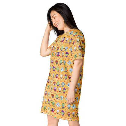 Halloween characters making funny faces T-shirt dress. Side view