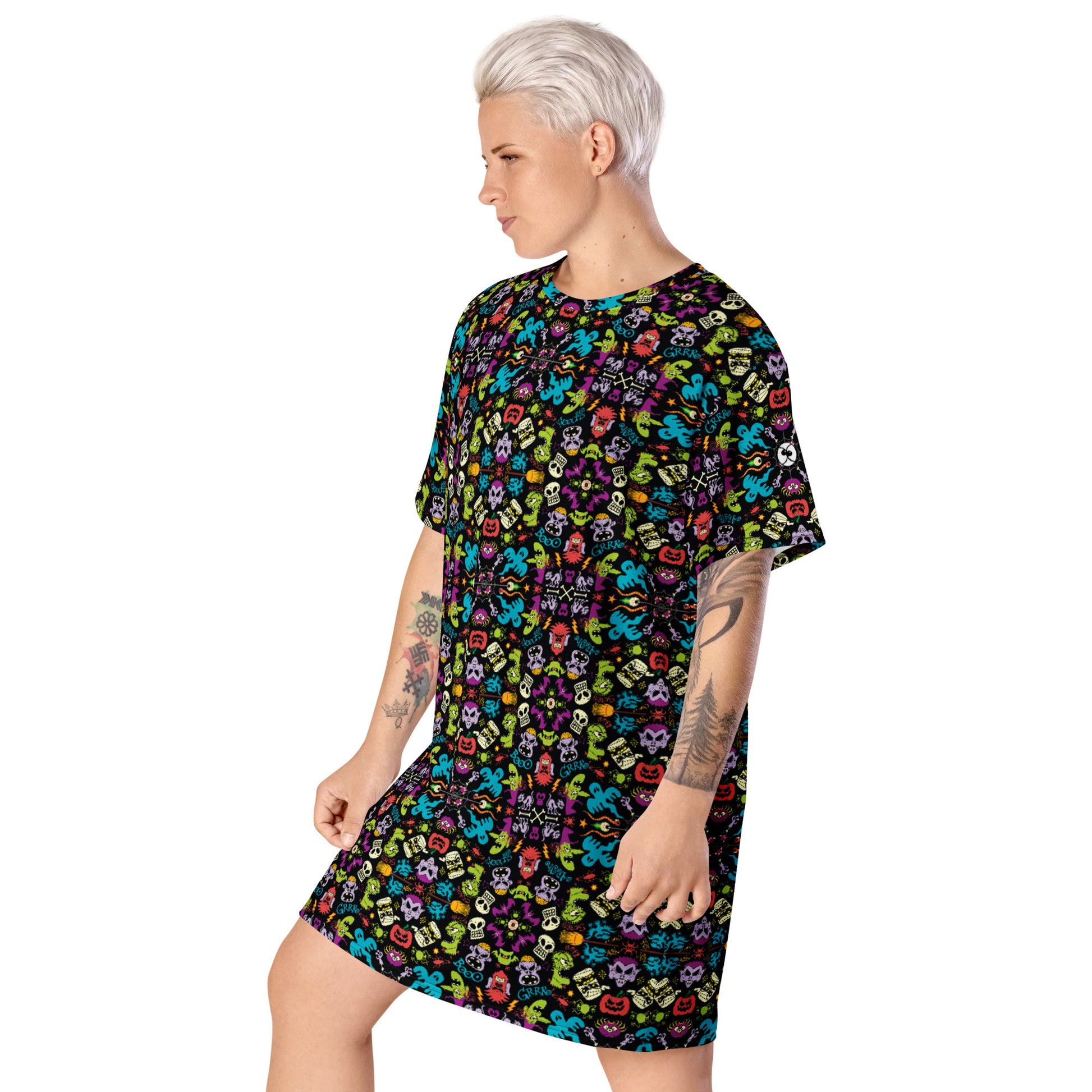 Spooky Halloween characters in a pattern design T-shirt dress. Side view