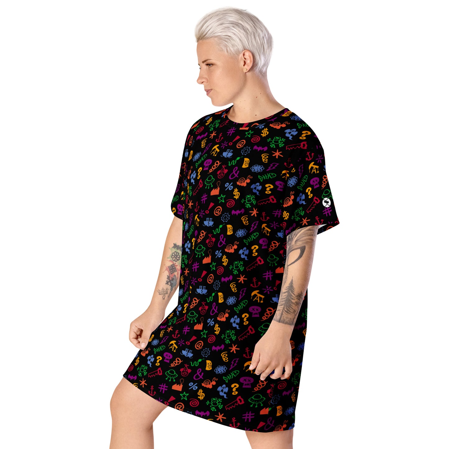Wear this bad words T-shirt dress, swear with confidence, keep your smile. Side view
