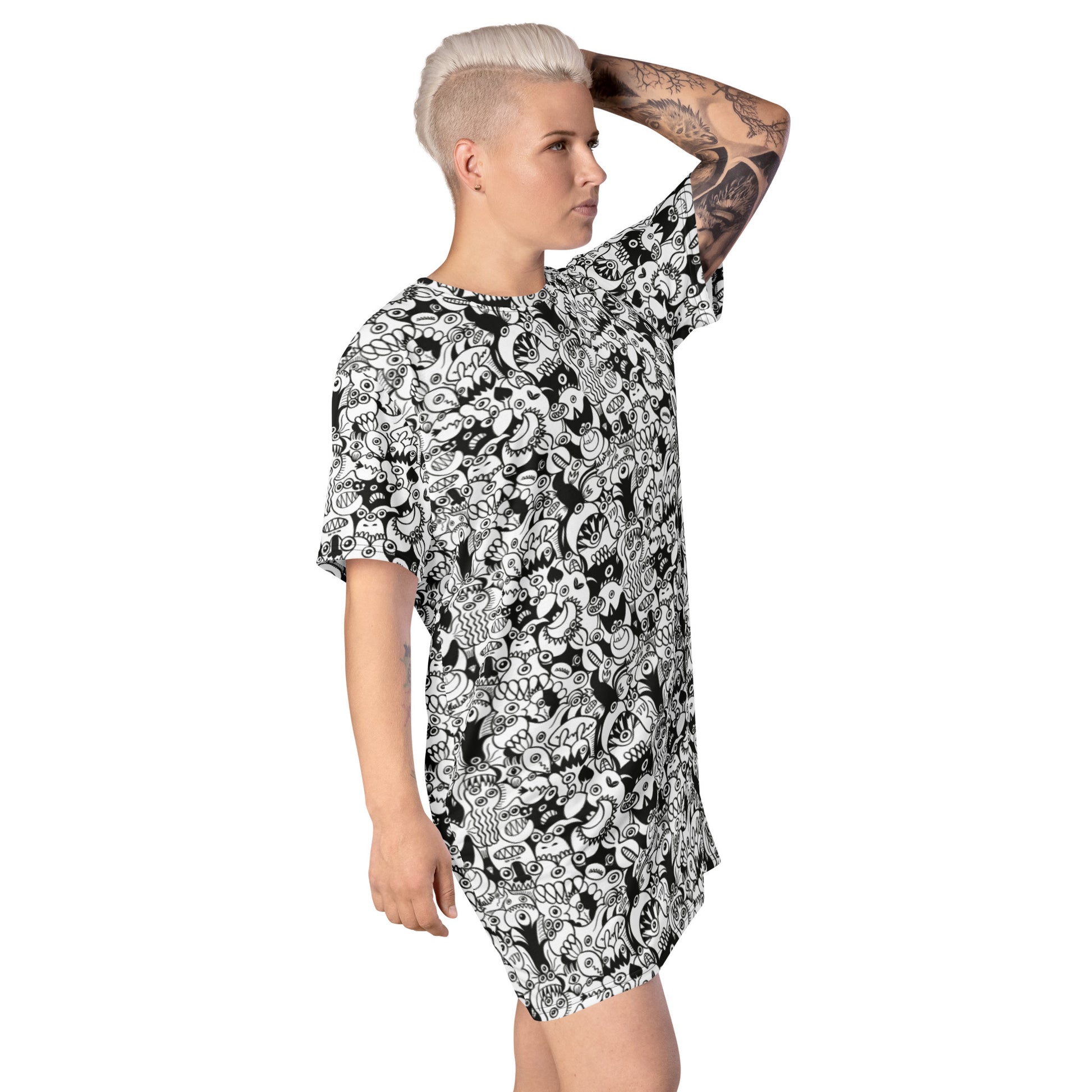 Black and white cool doodles art All-over print T-shirt dress. Side view