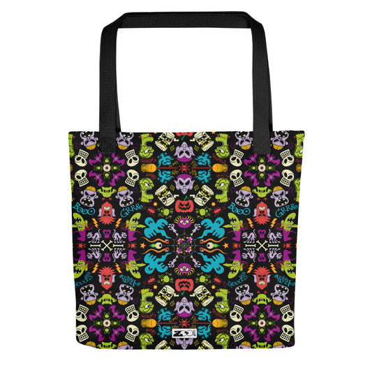 Spooky Halloween characters in a pattern design Tote bag. Front view