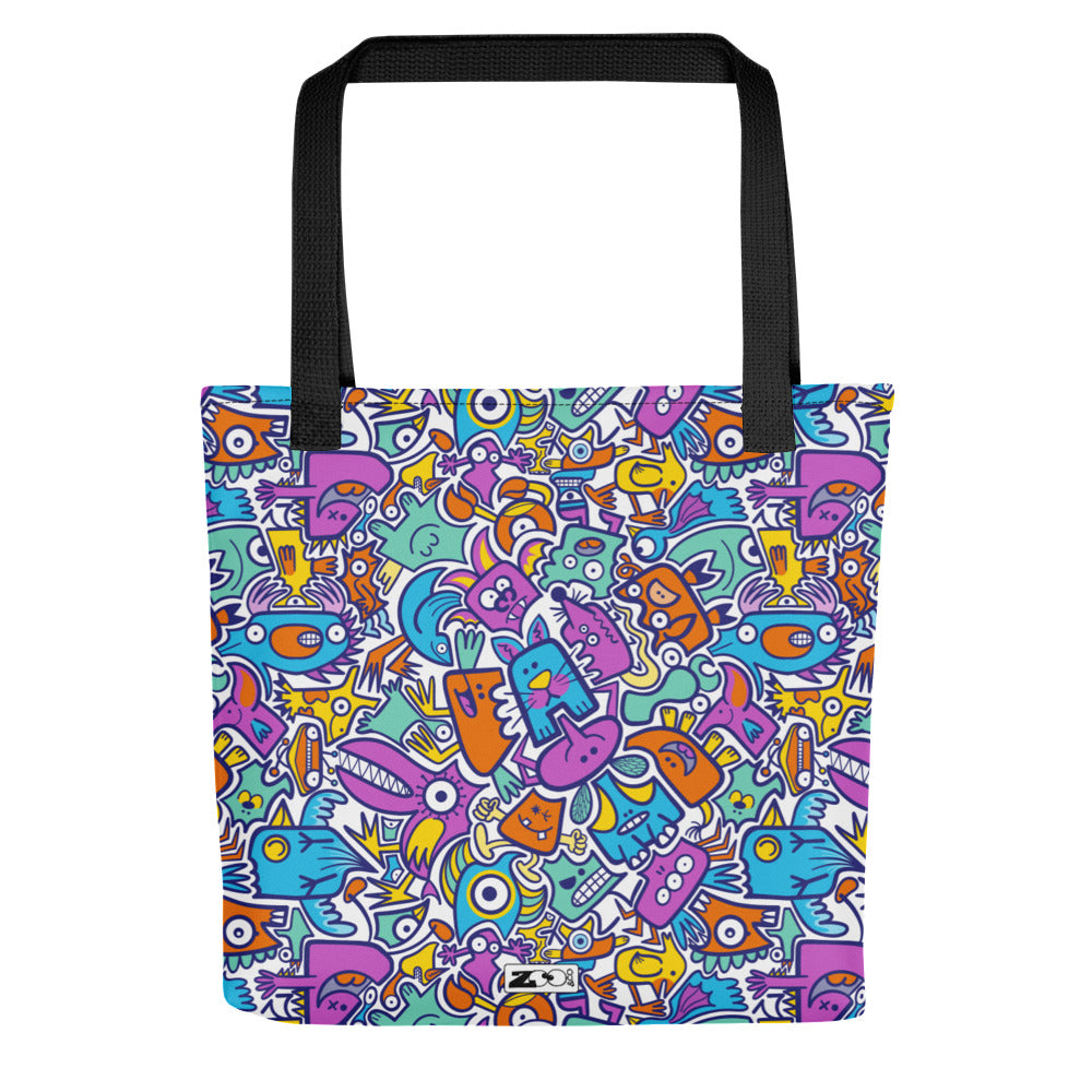 Funny multicolor Doodle world All-over print Tote bag. Front view
