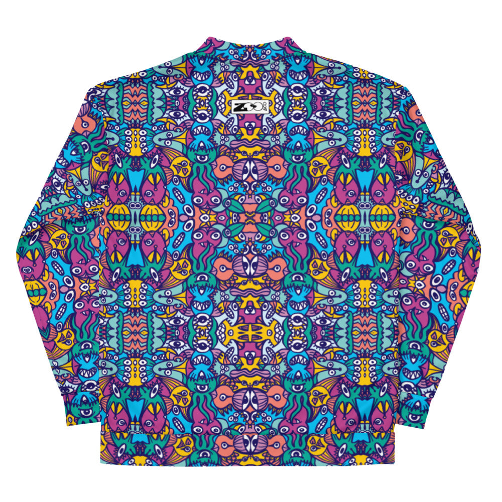 Whimsical design featuring multicolor critters from another world All over print Unisex Bomber Jacket. Back view