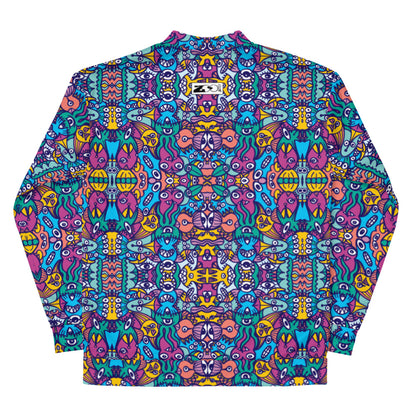 Whimsical design featuring multicolor critters from another world All over print Unisex Bomber Jacket. Back view