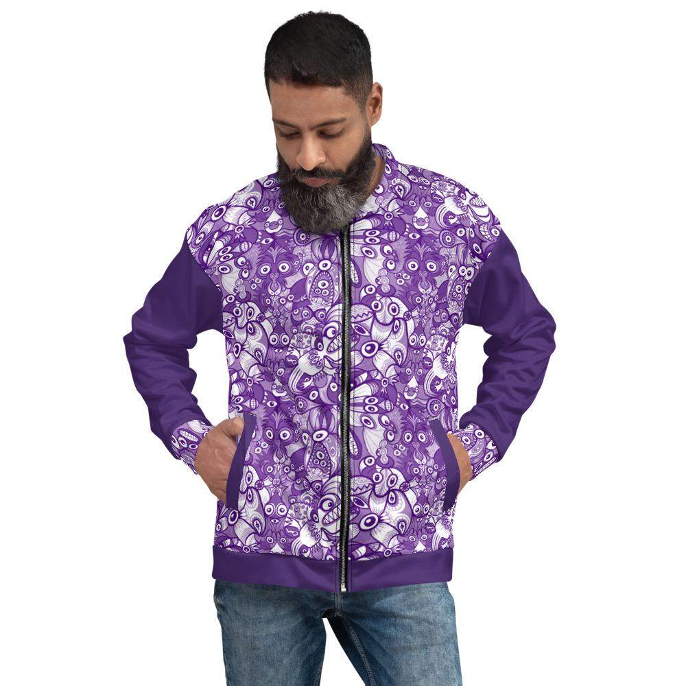 Cool man wearing Unisex Bomber Jacket printed with Fabulous blue critters Doodle art. Front view