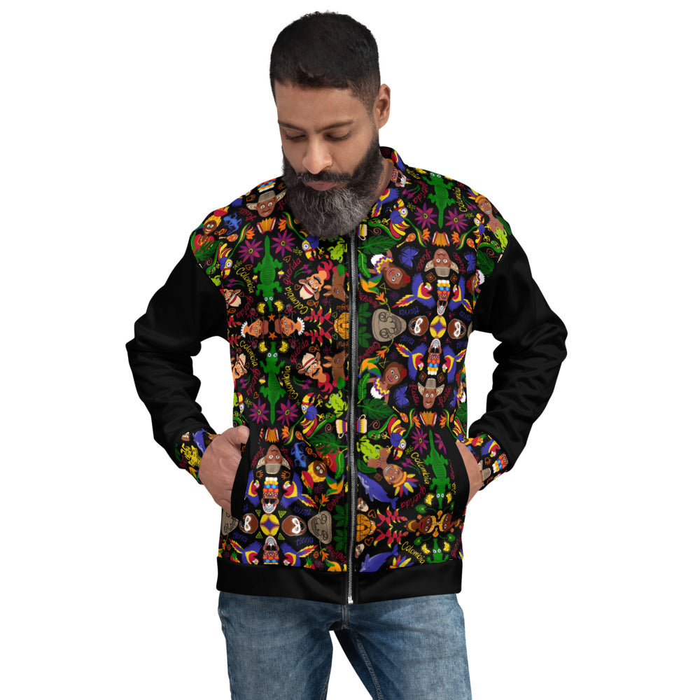 Man wearing Unisex Bomber Jacket printed with Colombia, the charm of a magical country