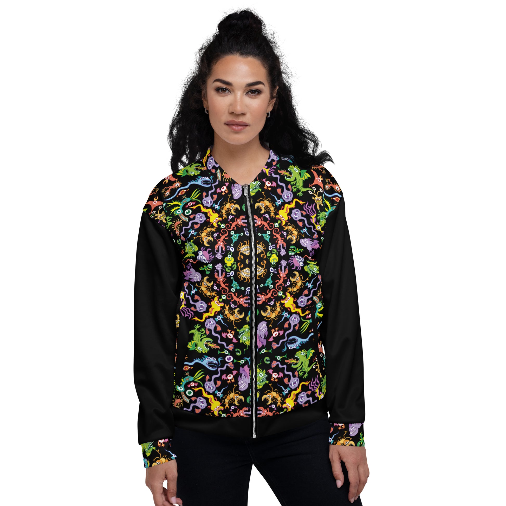 Woman wearing a Unisex Bomber Jacket All-over printed with Ocean critters pattern mandala
