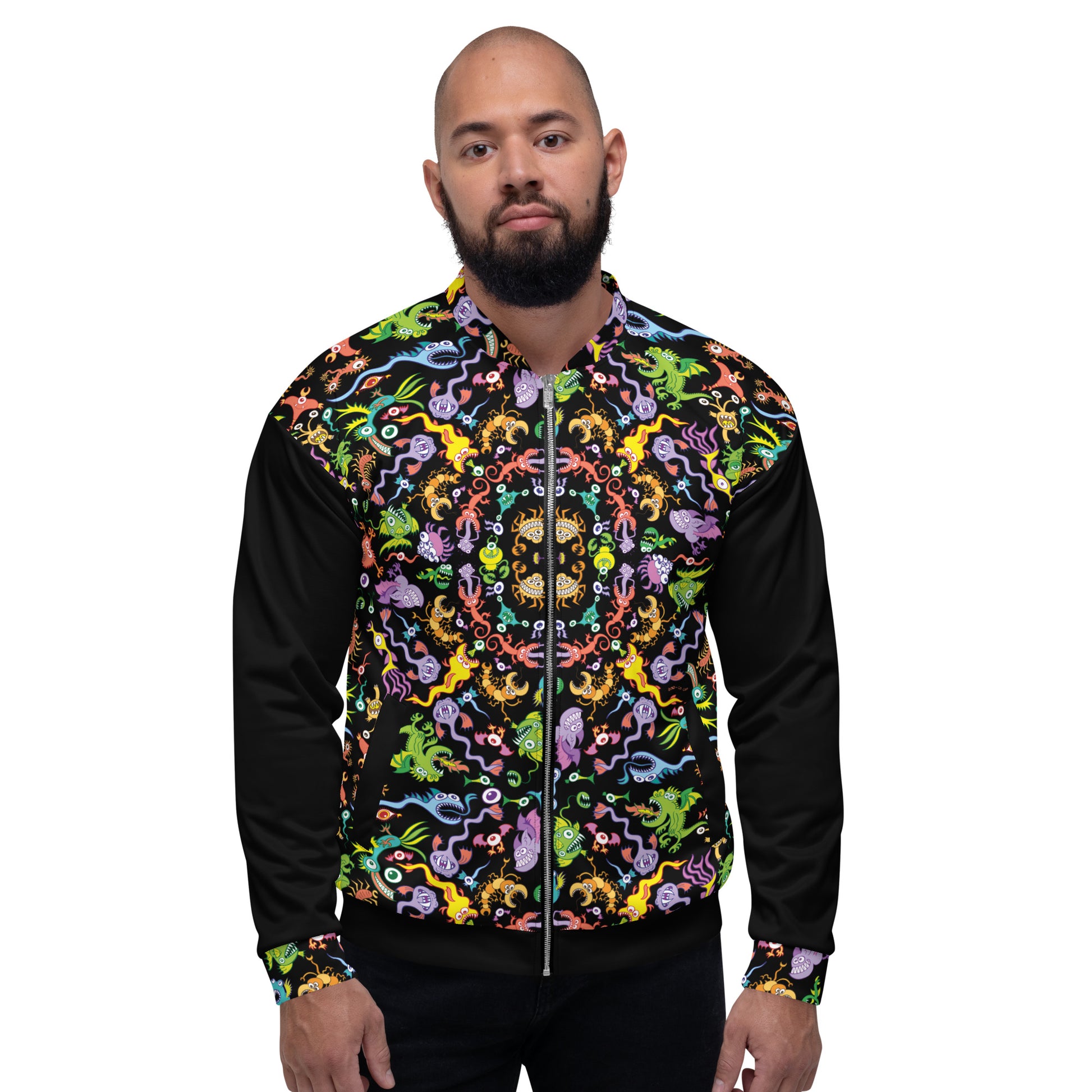 Man wearing a Unisex Bomber Jacket All-over printed with Ocean critters pattern mandala