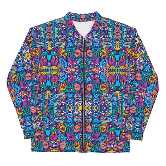 Whimsical design featuring multicolor critters from another world All over print Unisex Bomber Jacket. Front view
