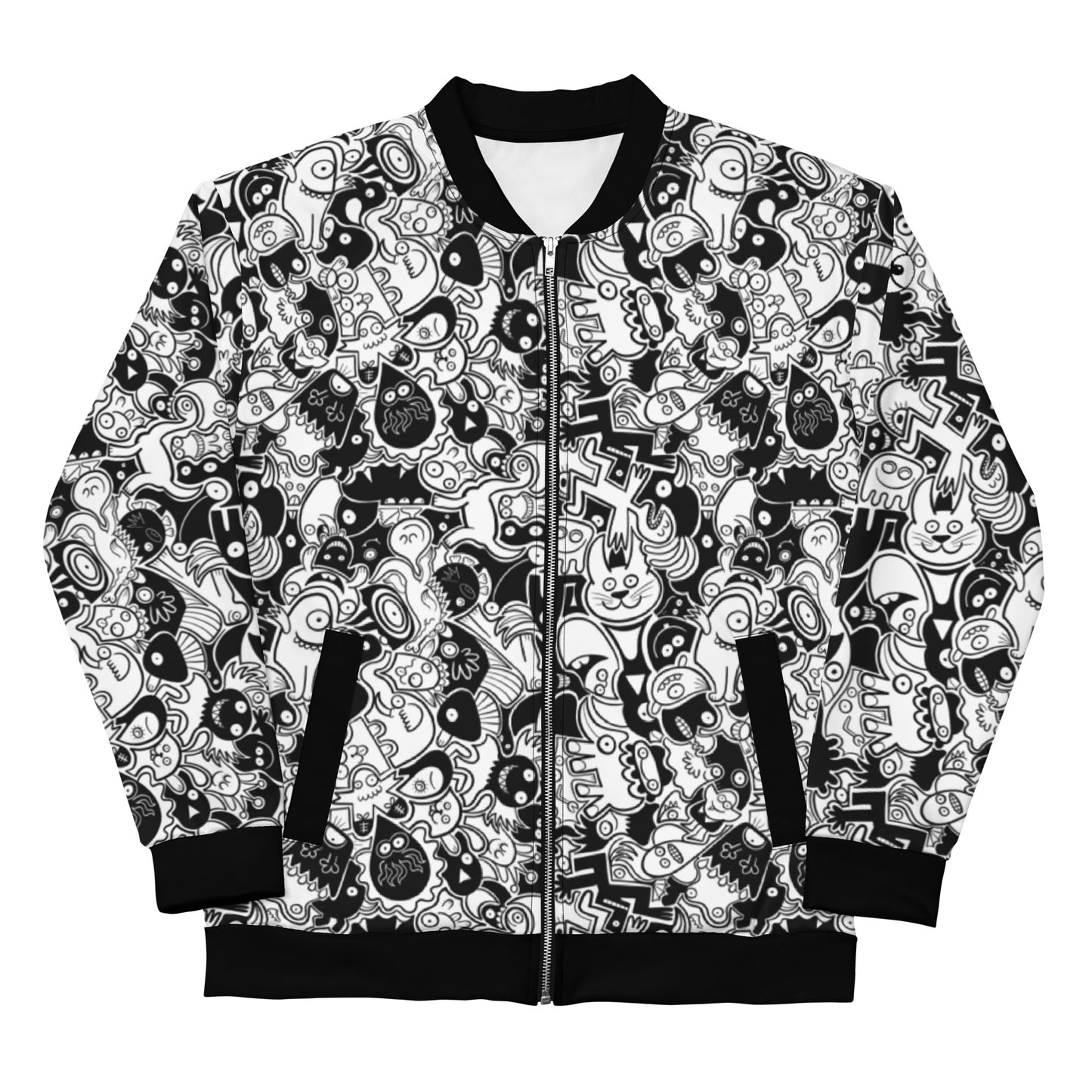 Joyful crowd of black and white doodle creatures Unisex Bomber Jacket. Front view