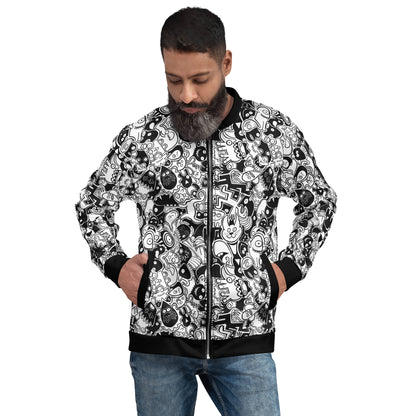 Cool man wearing a Unisex Bomber Jacket All-over printed with Joyful crowd of black and white doodle creatures