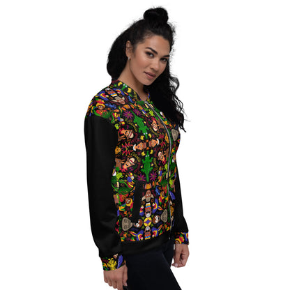 Beautiful woman wearing Unisex Bomber Jacket printed with Colombia, the charm of a magical country
