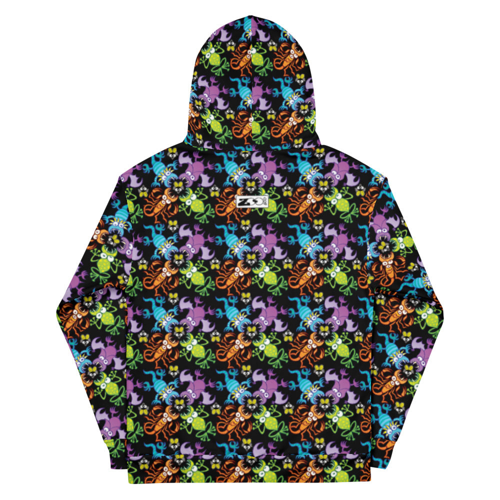 Bat, scorpion, lizard and frog fighting over an unlucky fly Unisex Hoodie. Back view