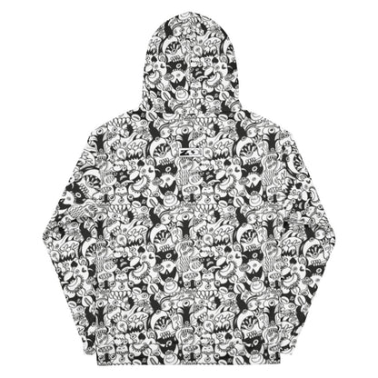 Black and white cool doodles art Unisex Hoodie. Back view