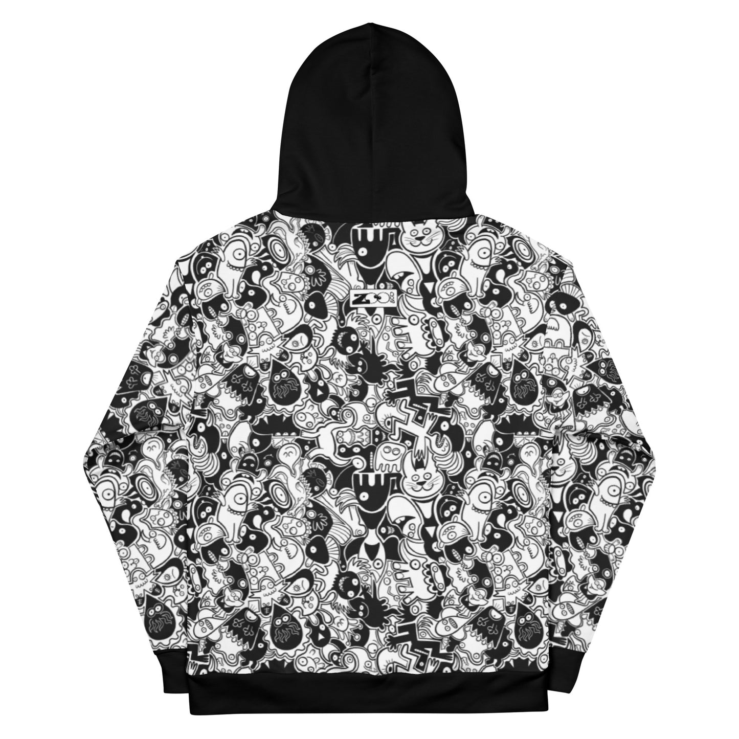 Joyful crowd of black and white doodle creatures Unisex Hoodie. Back view