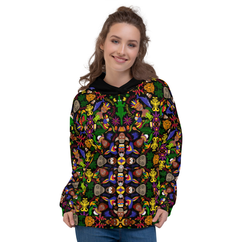 Beautiful woman wearing a Unisex Hoodie printed with Colombia, the charm of a magical country. Front view