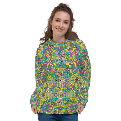 Young woman wearing All over-print Unisex Hoodie. It’s life but not as we know it pattern design