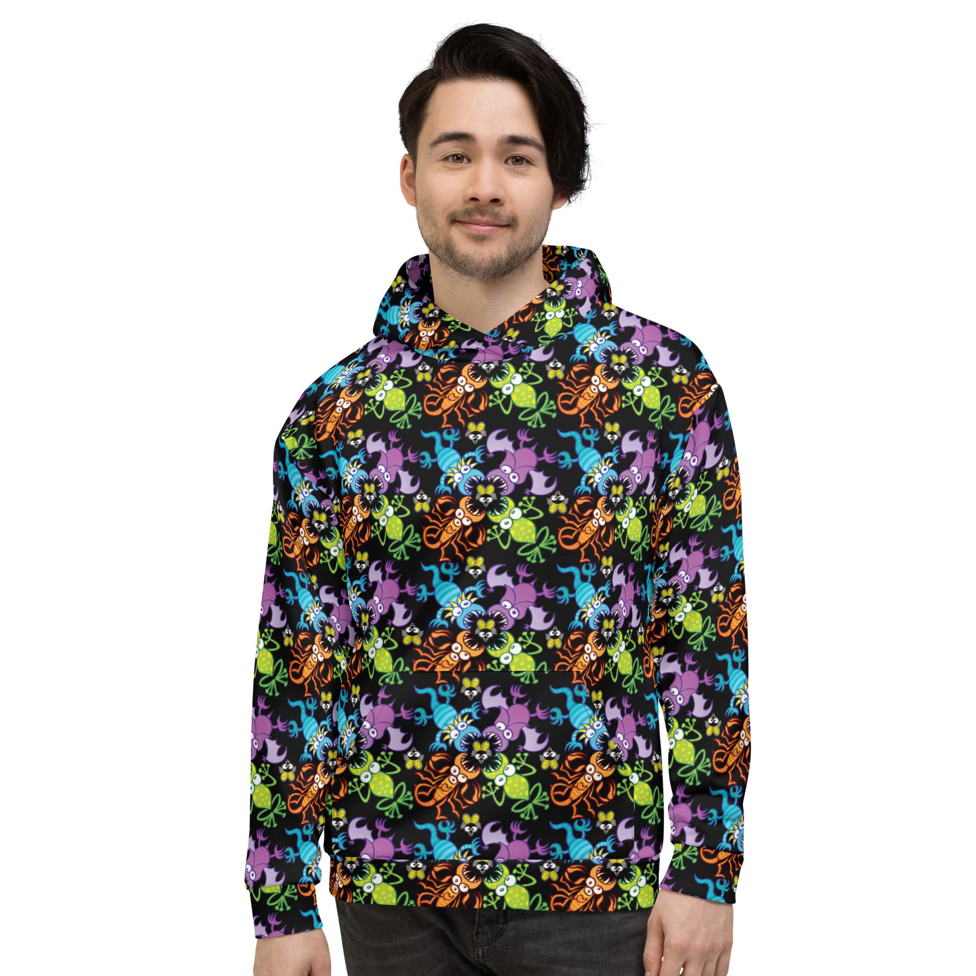 Smiling man wearing an Unisex Hoodie All-over printed with Bat, scorpion, lizard and frog fighting over an unlucky fly