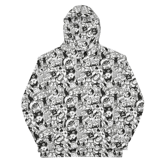 Black and white cool doodles art Unisex Hoodie. Front view