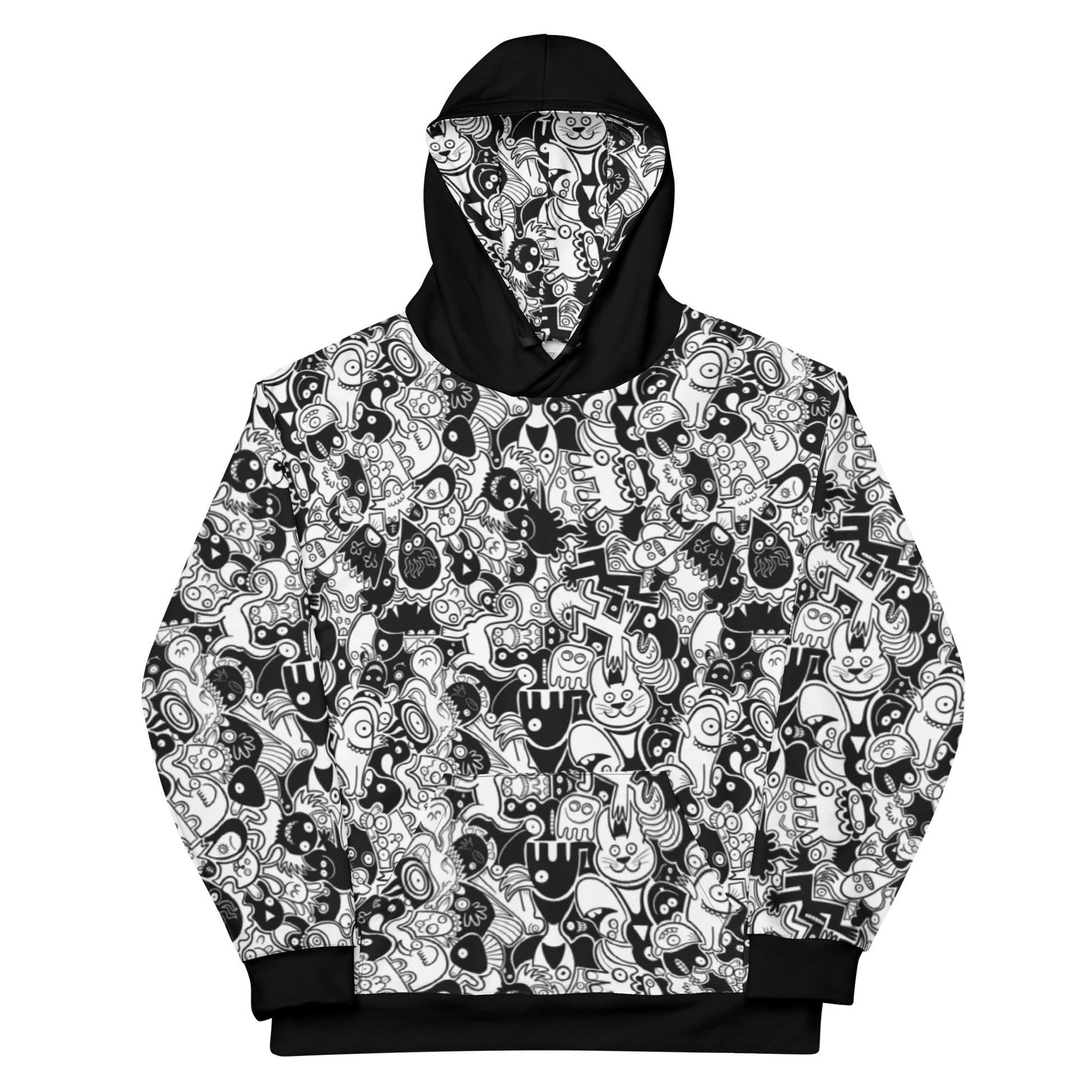 Joyful crowd of black and white doodle creatures Unisex Hoodie. Front view