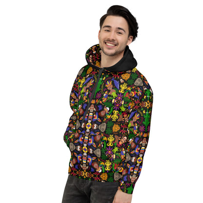 Smiling young man wearing a Unisex Hoodie printed with Colombia, the charm of a magical country. Front view