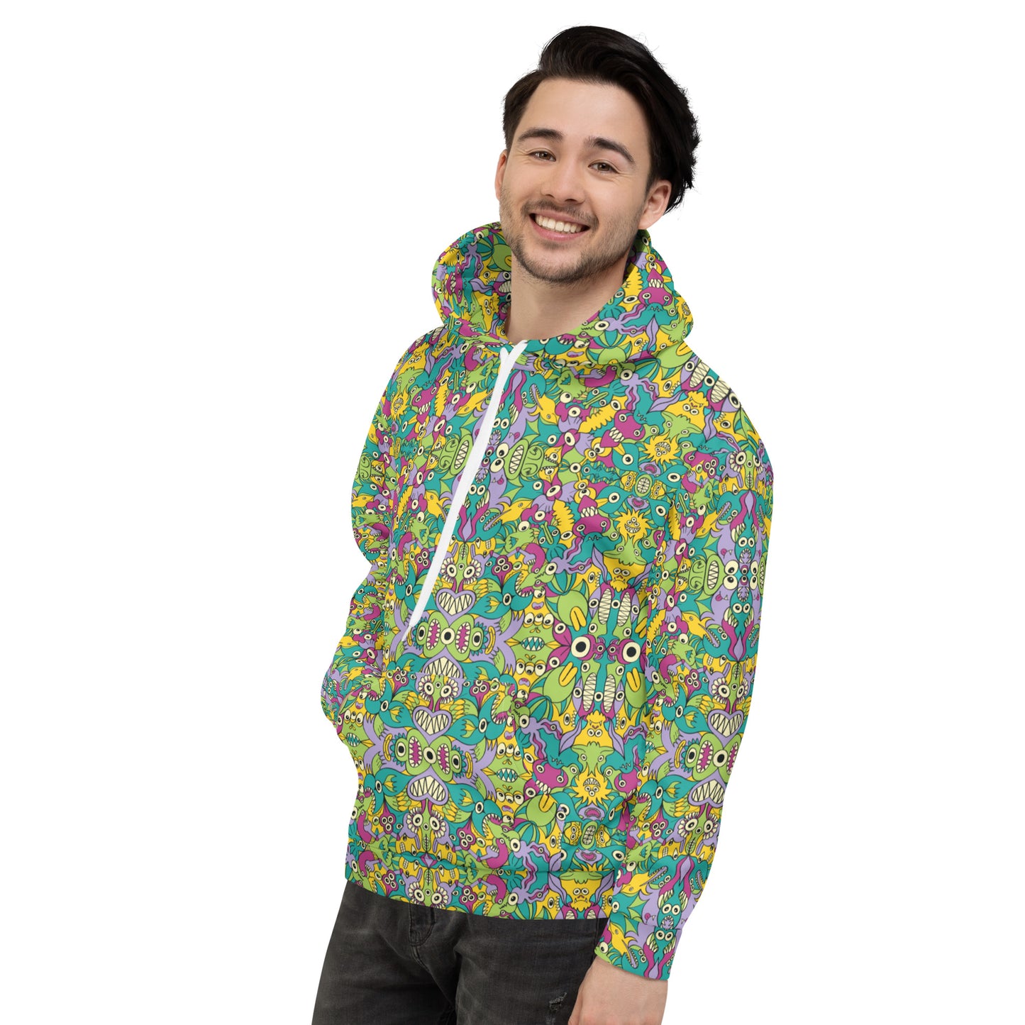 Young man wearing All over-print Unisex Hoodie. It’s life but not as we know it pattern design